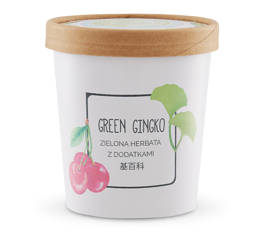 Opakowania herbaty Green Gingko Leo Tea – puszka, doypack i kubek